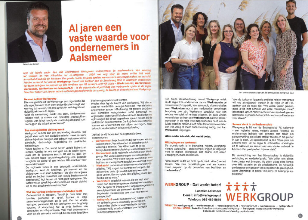 Artikel in magazine de aftrap aalsmeer, over Werkgroup en de labels werkverzuim, werkconnect, werkreturn, werkassist en helloprofs.nl